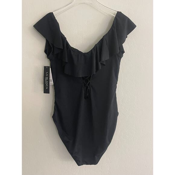 La Blanca Swimsuit 14 Black Off or On Shoulder Slimming One Piece Swim NEW $130 - Picture 9 of 10